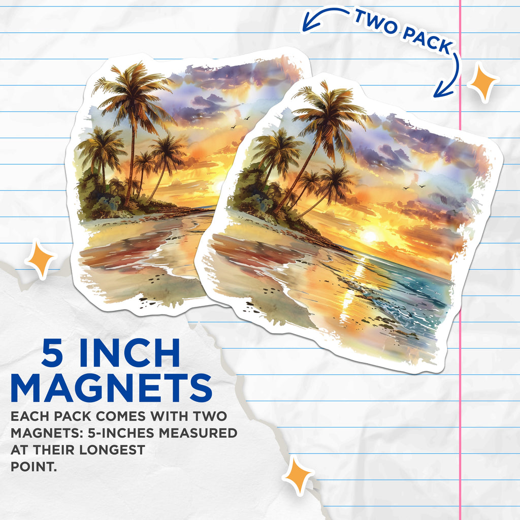 (2 Pack) Tropical Beach Sunset Magnets - Watercolor Ocean View Art - Palm Trees Summer Vibe Home Decor - 5 Inches On Longest Side - Thick Durable Magnet - Made in USA - MAG37364