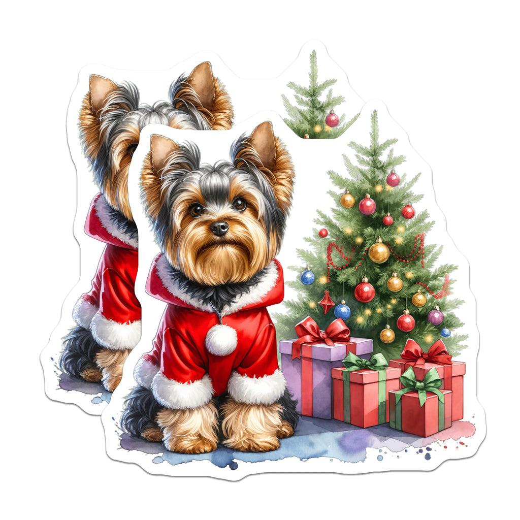 (2 Pack) Yorkshire Terrier Magnets - Santa Claus Dog Christmas - Holiday Pet Fridge Decor - Winter Puppy Art Scene - 5 Inches On Longest Side - Thick Durable Magnet - Made in USA - MAG23858