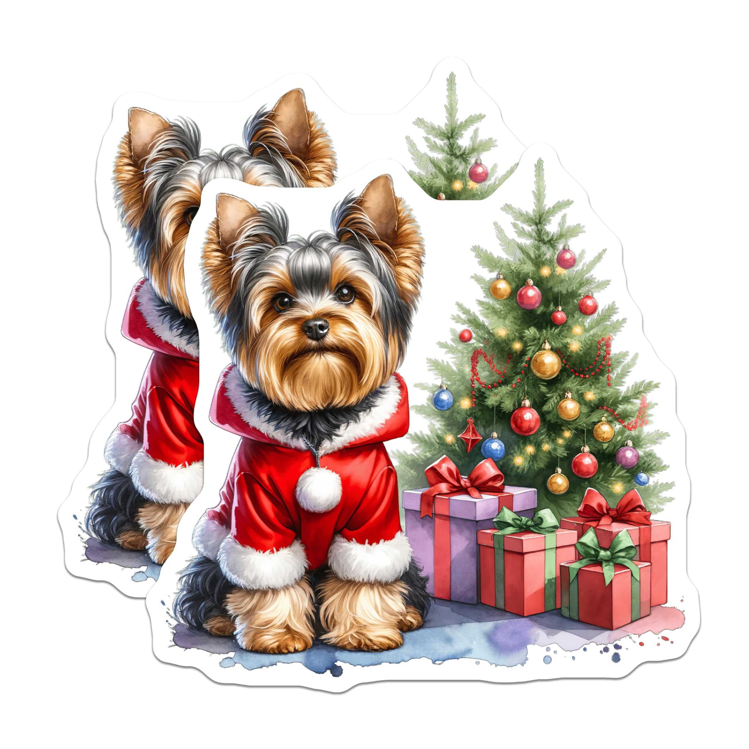(2 Pack) Yorkshire Terrier Magnets - Santa Claus Dog Christmas - Holiday Pet Fridge Decor - Winter Puppy Art Scene - 5 Inches On Longest Side - Thick Durable Magnet - Made in USA - MAG23858