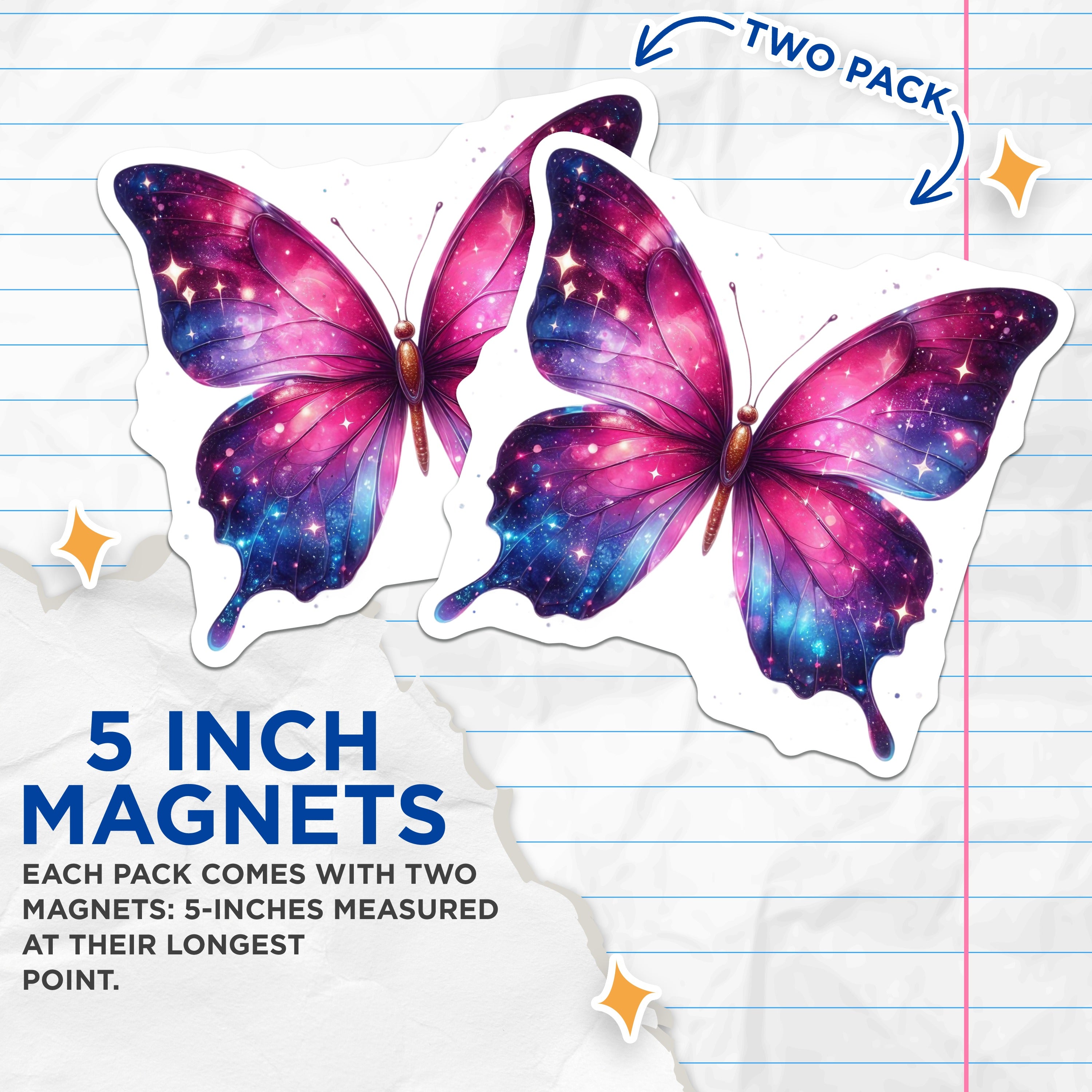 (2 Pack) Galaxy Butterfly Magnets - Celestial Space Decor - Aesthetic Fridge Locker Art - 5 Inches On Longest Side - Thick Durable Magnet - Made in USA - MAG38850