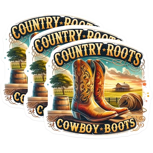 (3 Pack) Cowboy Boots Decals - Country Roots Decal - Western Laptop Decals- 3 Inches On Longest Side - Easy Peel & Apply - Made in USA - 3MCS5565
