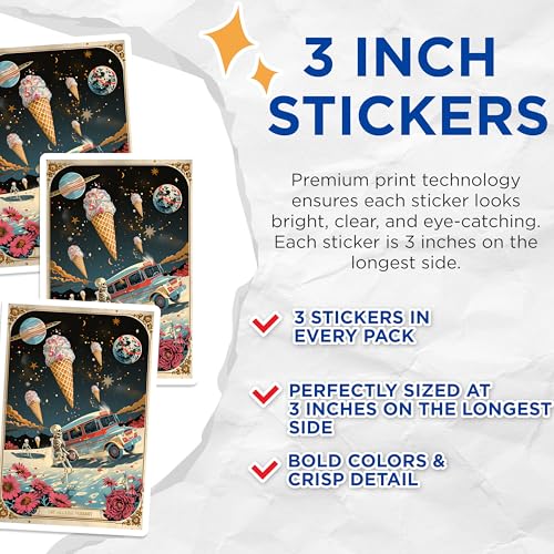 (3 Pack) Melting Pursuit Decals - Ice Cream Truck - Skeleton Art Decals - 3 Inches On Longest Side - Easy Peel & Apply - Made in USA - 3MCS0004
