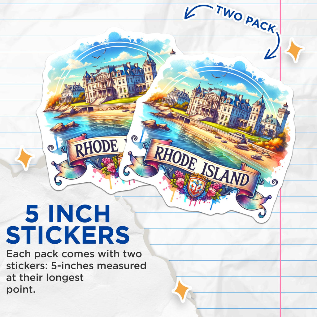 (2 Pack) Rhode Island Landmark Stickers - Scenic Rhode Island Art - Beautiful Coastal Rhode Island Sticker - 5" On Longest Side - Sticks to Smooth Flat Surfaces - Made in USA - BMCS6792