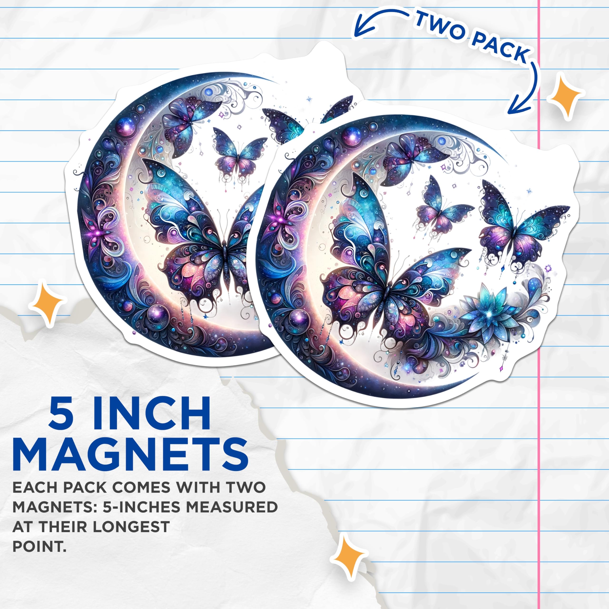 (2 Pack) Butterfly Magnets - Celestial Moon Decor - Fantasy Art Fridge Emblems - 5" On Longest Side - Premium Magnet - for Cars, Refrigerators, Toolboxes, Lockers - Made in USA - MAG15097