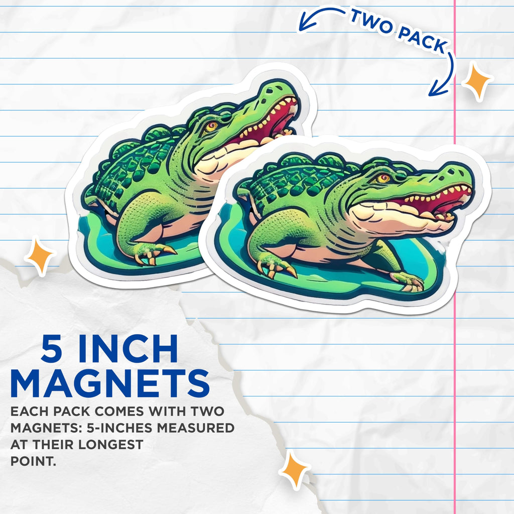 (2 Pack) Cartoon Alligator Magnets - Green Gator Reptile - Fridge Locker Memo Board Art - 5 Inches On Longest Side - Thick Durable Magnet - Made in USA - MAG23157
