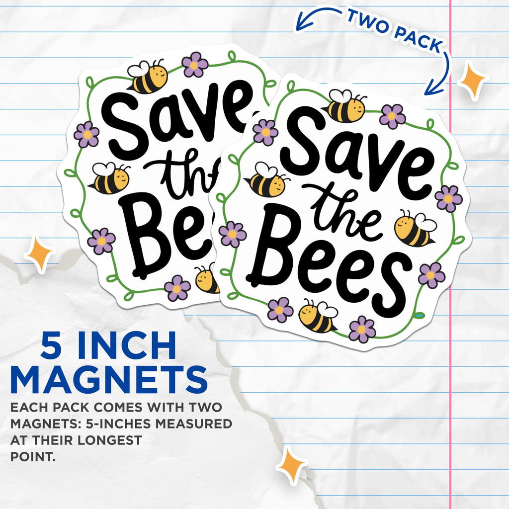 (2 Pack) Save the Bees Magnets - Bee Conservation Decor - Floral Insect Garden Art - Environmental Awareness - 5 Inches On Longest Side - Thick Durable Magnet - Made in USA - MAG22596