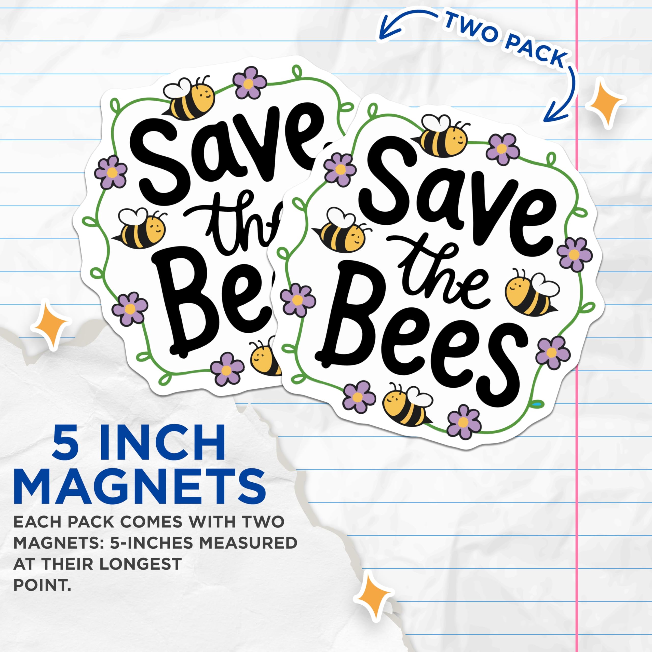 (2 Pack) Save the Bees Magnets - Bee Conservation Decor - Floral Insect Garden Art - Environmental Awareness - 5 Inches On Longest Side - Thick Durable Magnet - Made in USA - MAG22596