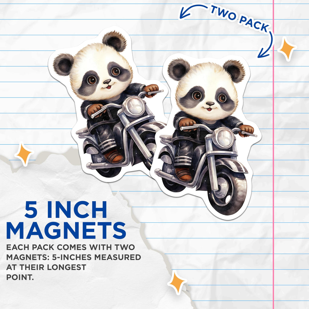 (2 Pack) Panda Motorcycle Magnets - Cute Animal Art - Biker Bear Decor - 5" On Longest Side - Premium Magnet - for Cars, Refrigerators, Toolboxes, Lockers - Made in USA - MAG16996