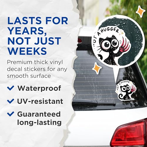 (2 Pack) Not A Hugger Stickers - Funny Cat Meme - 5" On Longest Side - Sticks to Smooth Flat Surfaces - Made in USA - BMCS7344