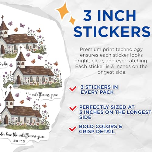 (3 Pack) Church Decals - Religious Saying - Consider The Wildflowers- 3 Inches On Longest Side - Easy Peel & Apply - Made in USA - 3MCS5296