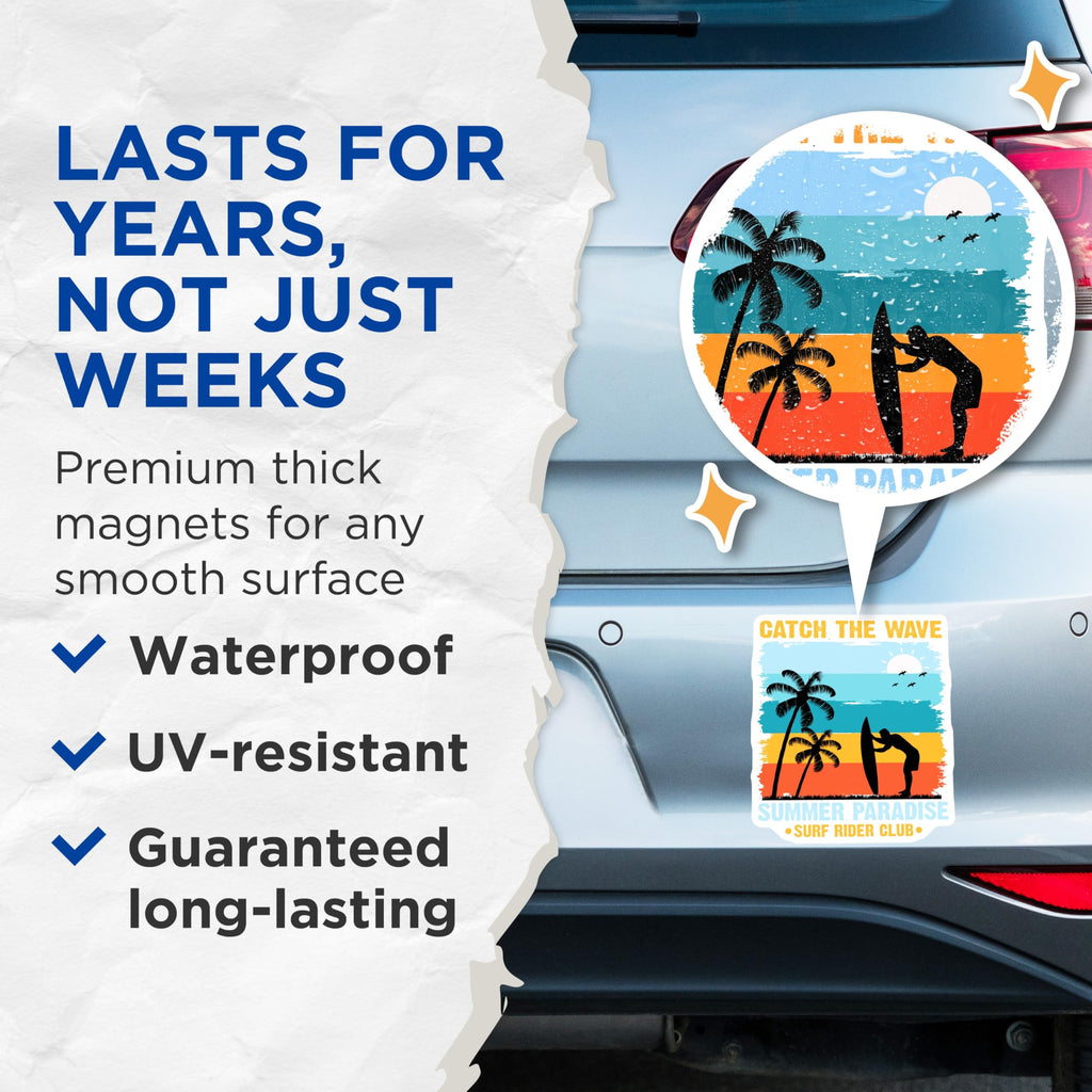 (2 Pack) Catch The Wave Surfing Magnets - Summer Paradise Beach Decor - Retro Ocean Scene - Palm Tree Surf Rider Club - 5 Inches On Longest Side - Thick Durable Magnet - Made in USA - MAG22664