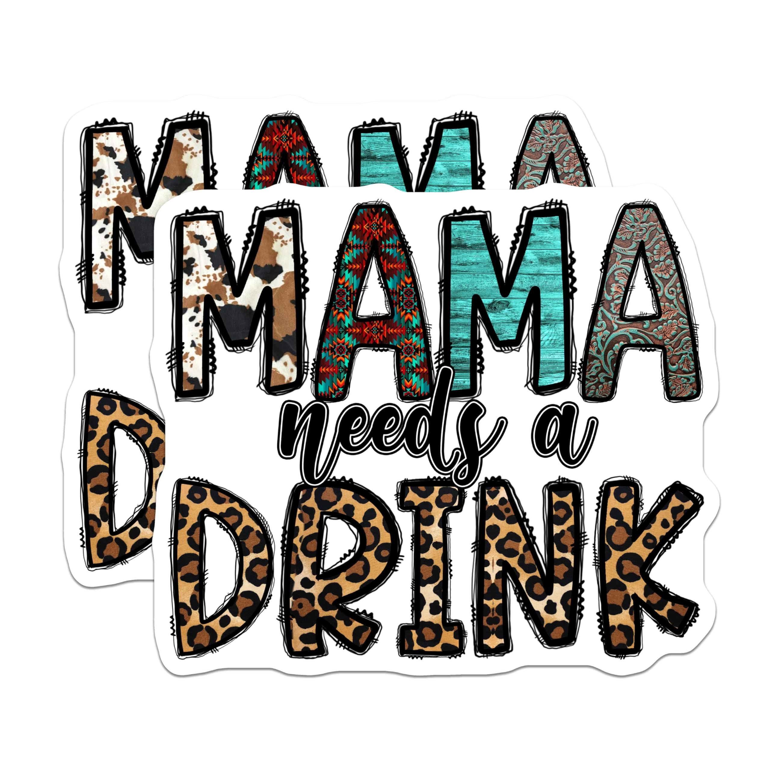 (2 Pack) Mama Needs A Drink Magnets - Western Boho Fridge Decor - Leopard Print Cowhide Mama Gift - 5 Inches On Longest Side - Thick Durable Magnet - Made in USA - MAG26782