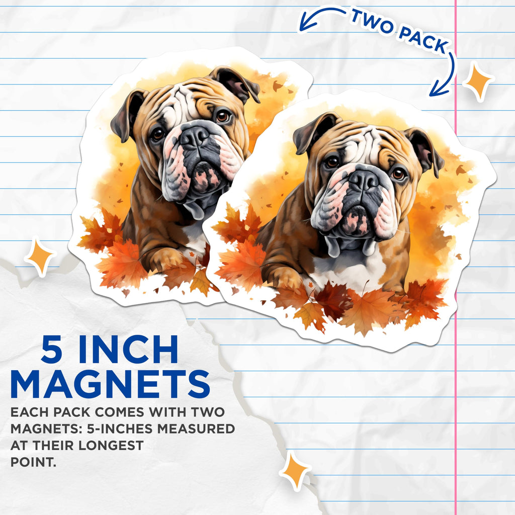 (2 Pack) Bulldog Magnets - Cute Bulldog Dog Mom Decor - Autumn Leaves Fall Animal Refrigerator Magnets - 5 Inches On Longest Side - Thick Durable Magnet - Made in USA - MAG28945