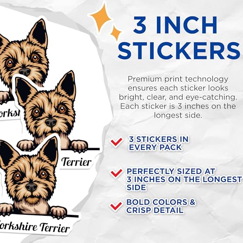 (3 Pack) Yorkshire Terrier Decals - Dog Lover Sticker - Cute Pet Breed Decals - 3 Inches On Longest Side - Easy Peel & Apply - Made in USA - 3MCS2998