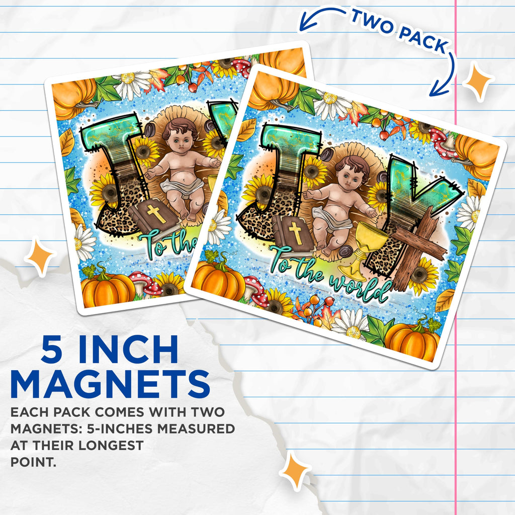(2 Pack) Joy to The World Magnets - Baby Jesus Nativity Decor - Christian Holiday Fridge - Autumn Faith Kitchen - 5 Inches On Longest Side - Thick Durable Magnet - Made in USA - MAG25138
