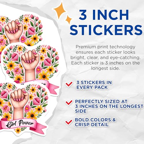 (3 Pack) Girl Power Decals - Feminist Art Stickers - Empowerment Decals - 3 Inches On Longest Side - Easy Peel & Apply - Made in USA - 3MCS7114
