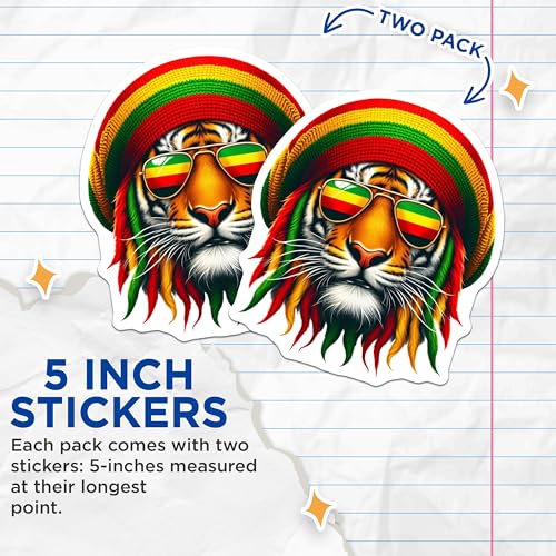 (2 Pack) Cool Tiger Stickers - Rasta Style - Sunglasses Design - 5" On Longest Side - Sticks to Smooth Flat Surfaces - Made in USA - BMCS4384