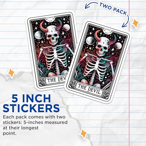 (2 Pack) Tarot Card Stickers - The Devil Card Stickers - Skeleton Art Stickers - Occult Stickers - Gothic Skull Stickers - 5" On Longest Side - Sticks to Smooth Flat Surfaces - Made in USA - BMCS5385