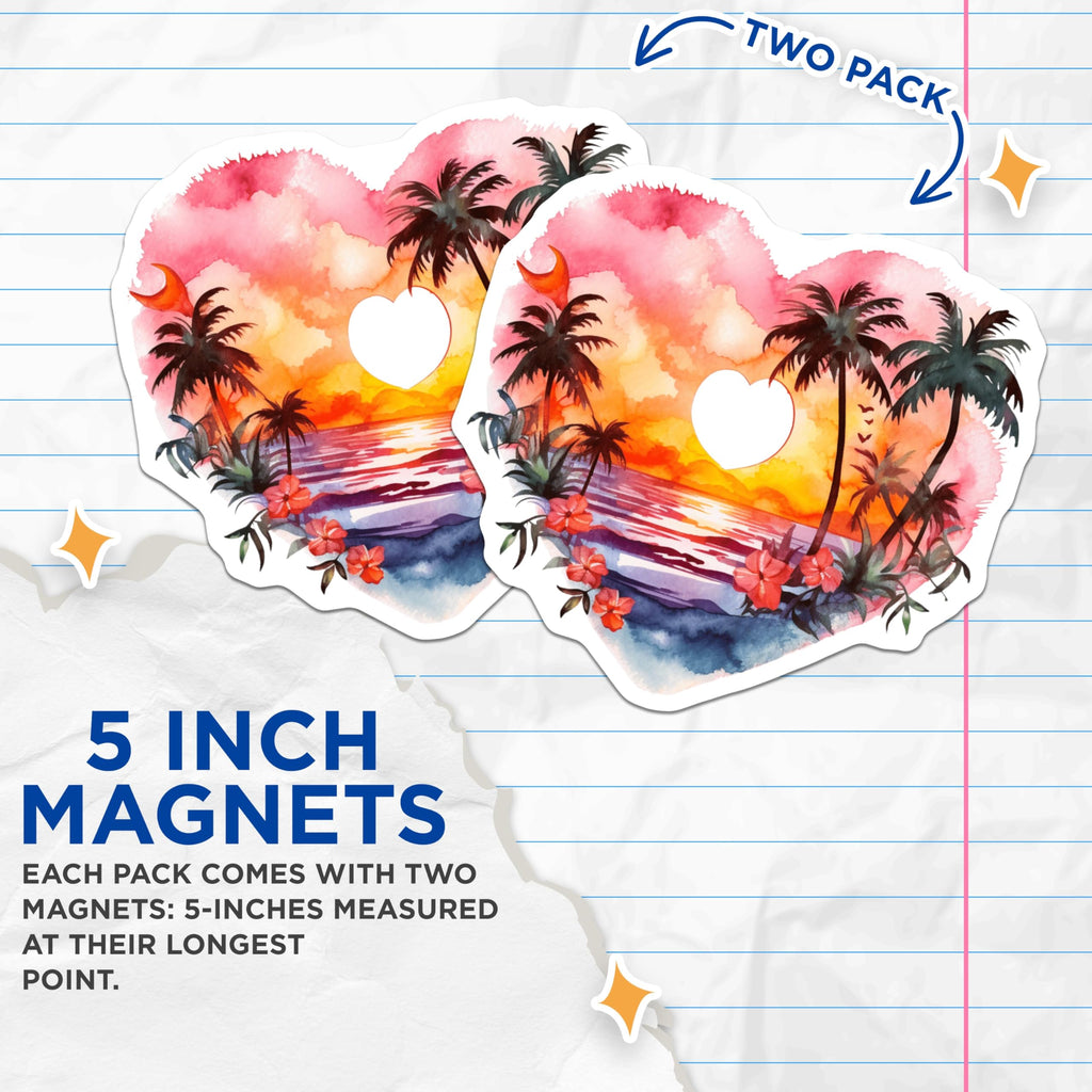 (2 Pack) Tropical Sunset Beach Scene Magnets - Aesthetic Watercolor Heart Art - Palm Trees Ocean Hibiscus Moon Decor - 5 Inches On Longest Side - Thick Durable Magnet - Made in USA - MAG20596