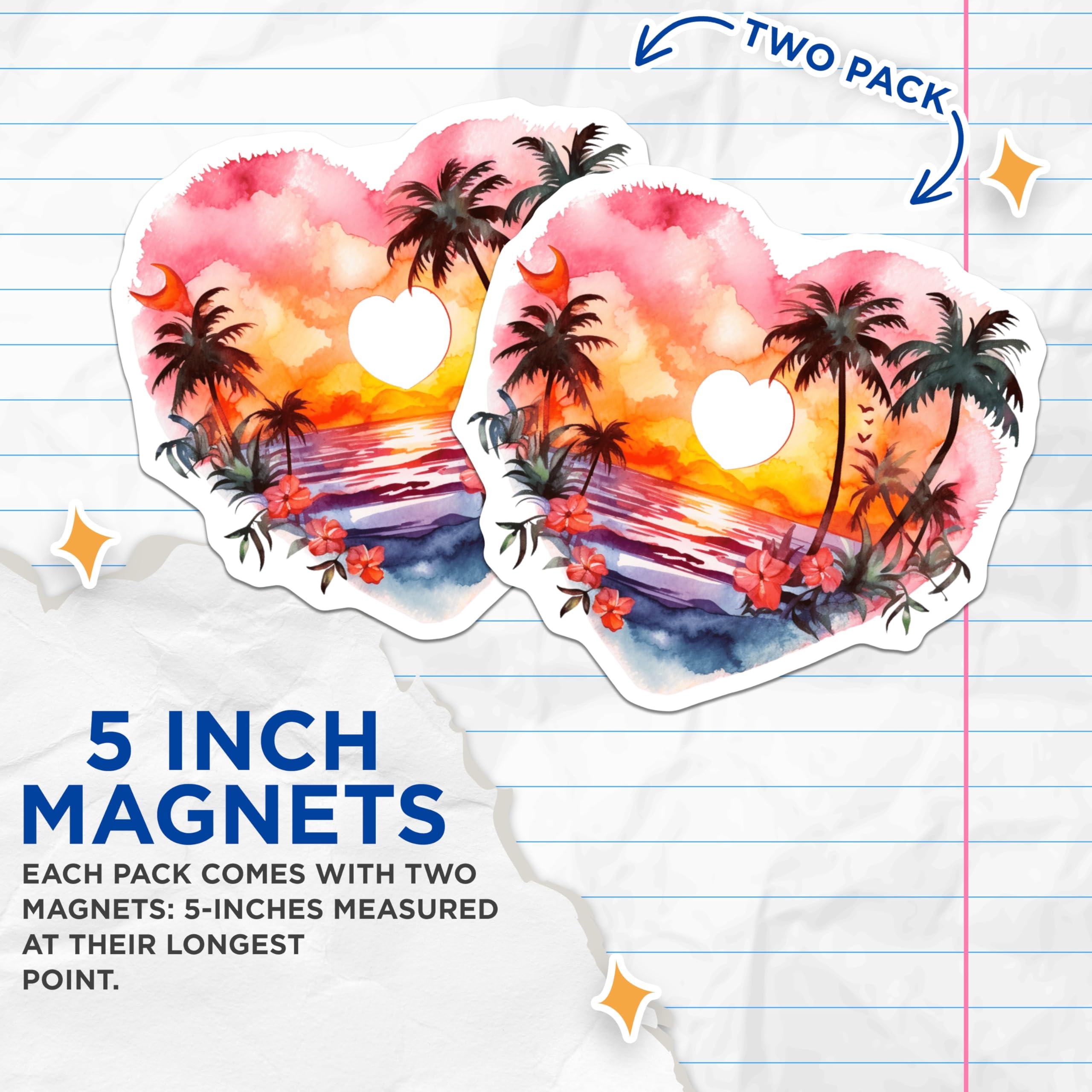 (2 Pack) Tropical Sunset Beach Scene Magnets - Aesthetic Watercolor Heart Art - Palm Trees Ocean Hibiscus Moon Decor - 5 Inches On Longest Side - Thick Durable Magnet - Made in USA - MAG20596