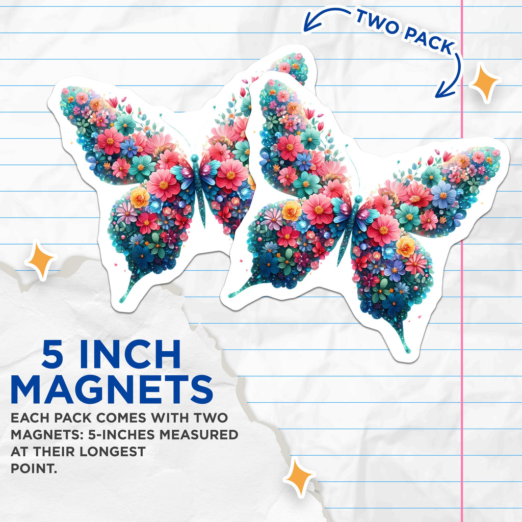 (2 Pack) Floral Butterfly Magnets - Whimsical Refrigerator Decor - Vibrant Nature Art - 5 Inches On Longest Side - Thick Durable Magnet - Made in USA - MAG39231