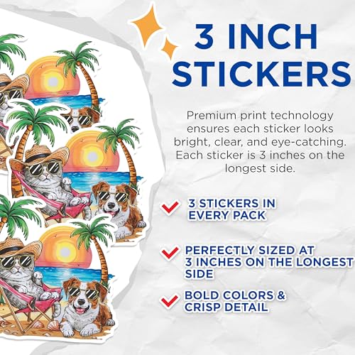 (3 Pack) Beach Cat Dog Decals - Summer Vacation Vibes - Laptop Decal Decor - 3 Inches On Longest Side - Easy Peel & Apply - Made in USA - 3MCS0597