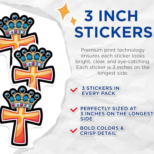 (3 Pack) Crown Cross Decals - Christian Symbol - Religious Art - Laptop Decals - 3 Inches On Longest Side - Easy Peel & Apply - Made in USA - 3MCS4381