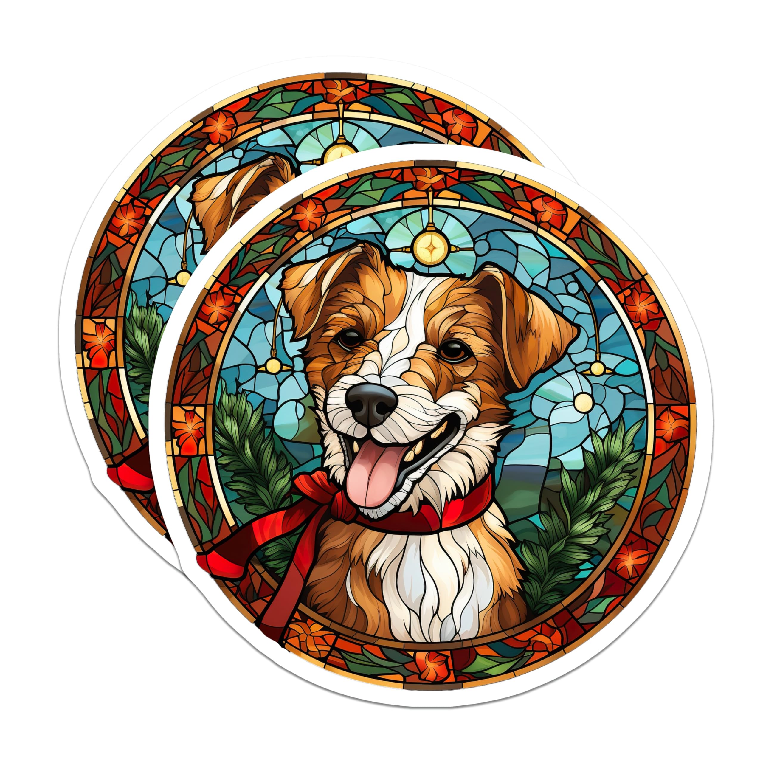 (2 Pack) Stained Glass Dog Magnets - Christmas Pet Art - Festive Refrigerator Decor - 5 Inches On Longest Side - Thick Durable Magnet - Made in USA - MAG27288