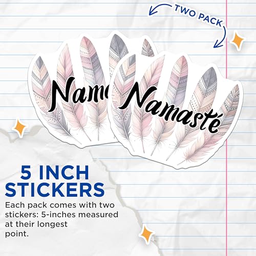 (2 Pack) Namaste Feather Stickers - Yoga Meditation - Zen Inspirational Decals - 5" On Longest Side - Sticks to Smooth Flat Surfaces - Made in USA - BMCS7549