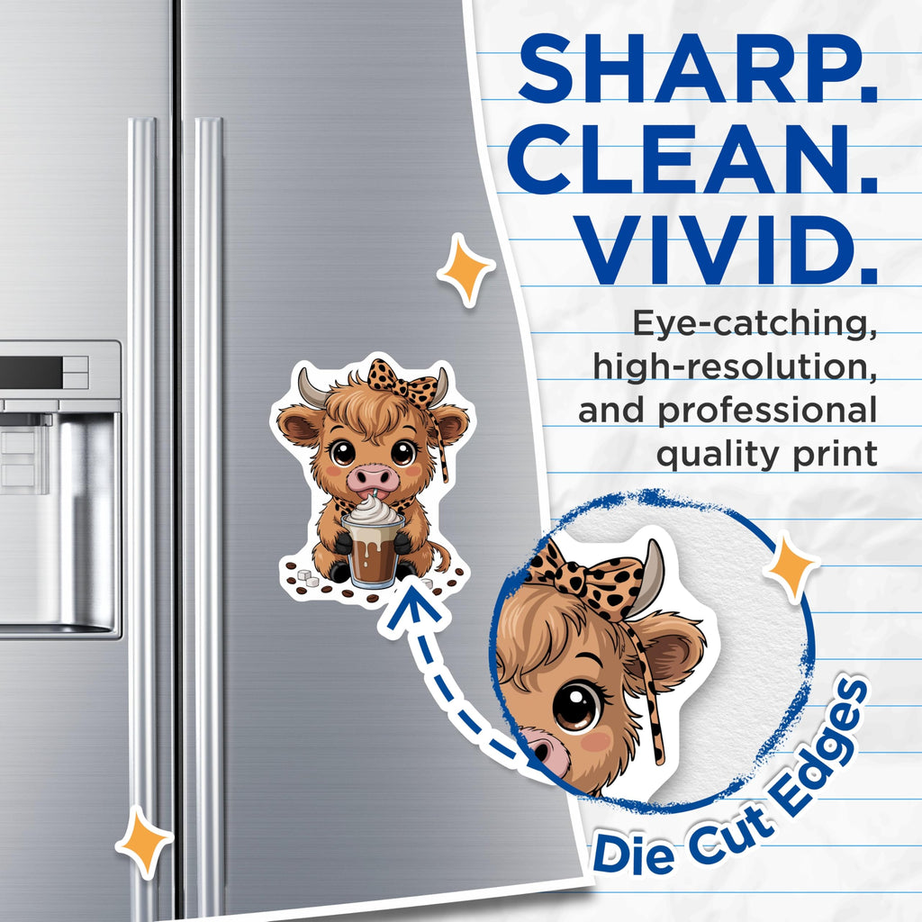 (2 Pack) Highland Cow Magnets - Cute Baby Calf Coffee Drinker - Leopard Print Bow Refrigerator Art - 5 Inches On Longest Side - Thick Durable Magnet - Made in USA - MAG21966