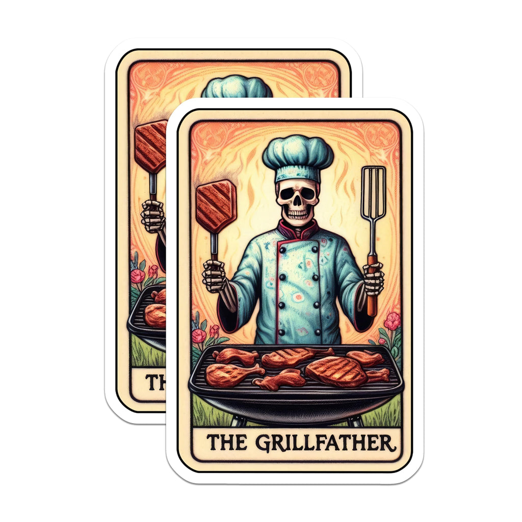 (2 Pack) Funny BBQ Chef Stickers - Skeleton Grillmaster - The Grillfather BBQ - Hilarious BBQ - 5" On Longest Side - Sticks to Smooth Flat Surfaces - Made in USA - BMCS5423