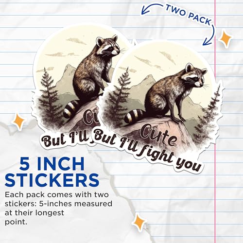 (2 Packs) Cute But I'll Fight You Raccoon Stickers - Funny Raccoon Wilderness Decals - 5 Inches On Longest Side - Premium Vinyl Decal - Sticks to Any Smooth Flat Surface - Made in USA - BMCS2461