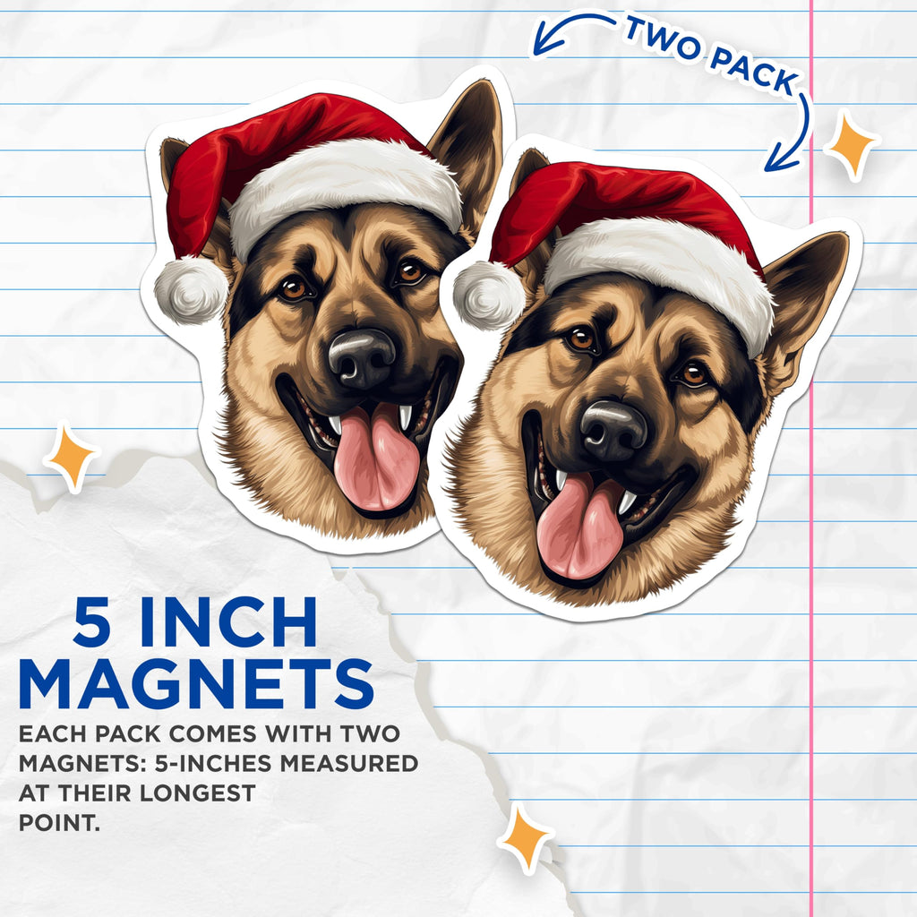 (2 Pack) German Shepherd Christmas Magnets - Santa Hat Dog - Festive Holiday Pet Decor for Dog Lovers - 5 Inches On Longest Side - Thick Durable Magnet - Made in USA - MAG25088