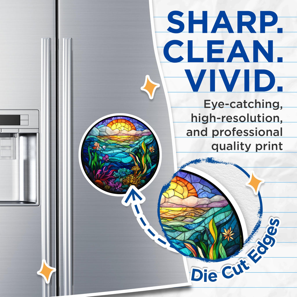 (2 Pack) Ocean Stained Glass Magnets - Sunset Seascape Art - Vibrant Nature Decor - Aquatic Scene Fridge Magnets - 5 Inches On Longest Side - Thick Durable Magnet - Made in USA - MAG27566