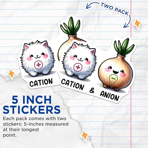 (2 Pack) Cute Cation and Anion Stickers - Chemistry Joke Decals - Fun Science Classroom Decorations - 5" On Longest Side - Sticks to Smooth Flat Surfaces - Made in USA - BMCS8031