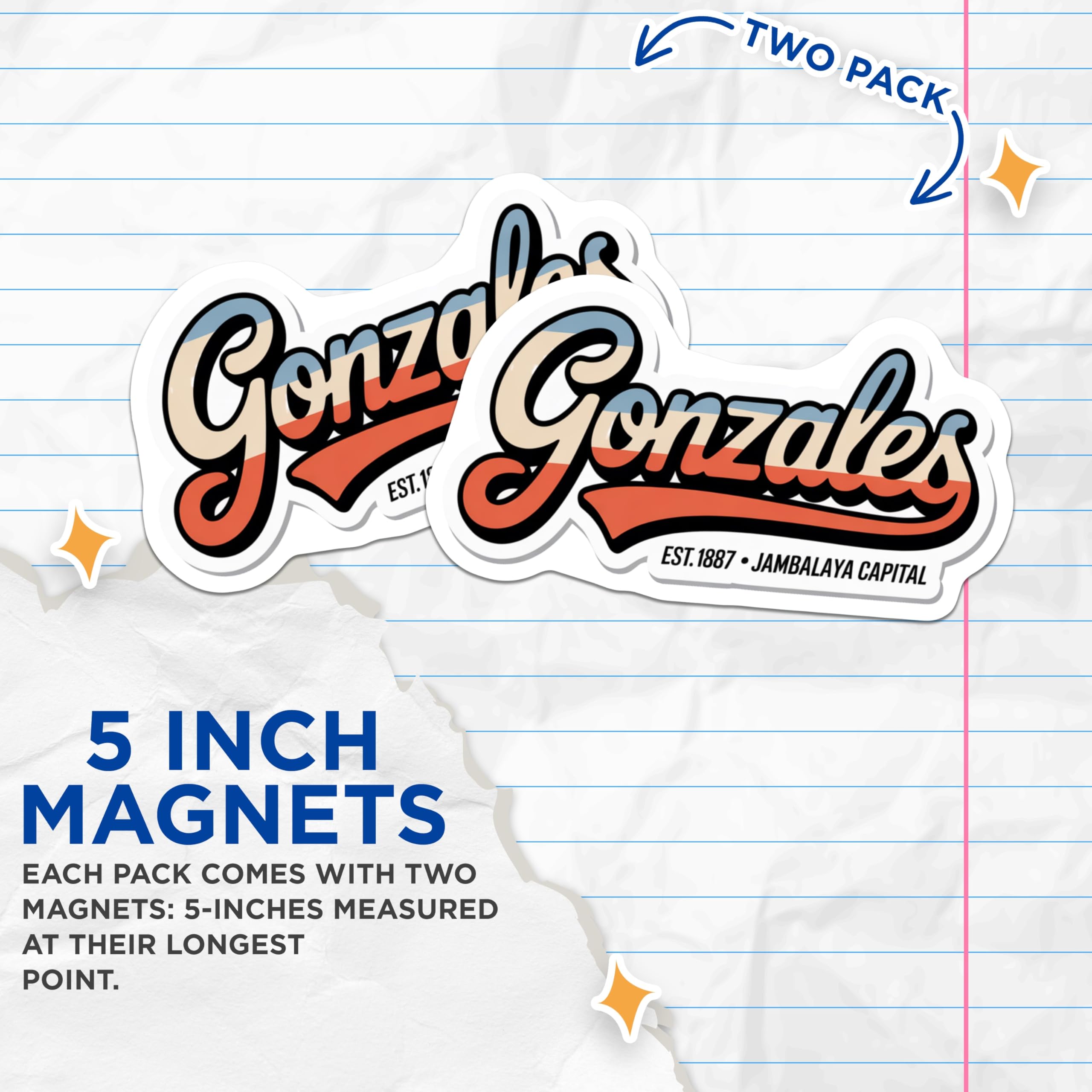 (2 Pack) Gonzales Magnets - Jambalaya Capital Louisiana - Retro Script Town Landmark - 5 Inches On Longest Side - Thick Durable Magnet - Made in USA - MAG19195