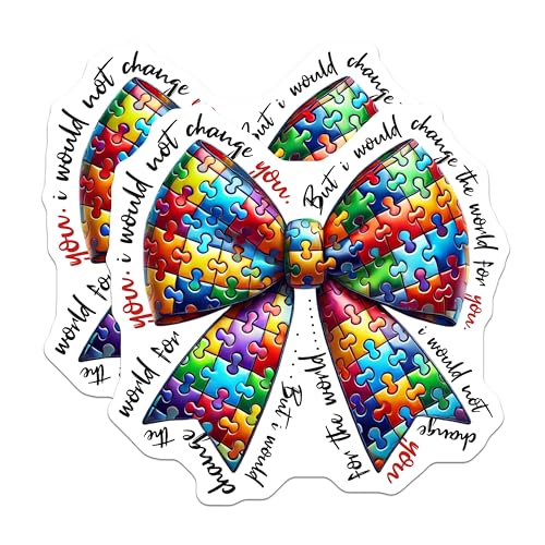 (2 Pack) Autism Awareness Puzzle Ribbon Stickers - Inspirational Quote - Colorful Bow Stickers - 5" On Longest Side - Sticks to Smooth Flat Surfaces - Made in USA - BMCS9410