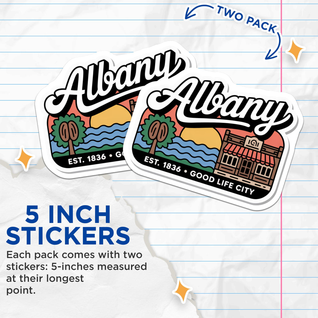 (2 Pack) Albany Stickers - Good Life City - Albany Oregon USA - 5" On Longest Side - Sticks to Smooth Flat Surfaces - Made in USA - BMCS17546