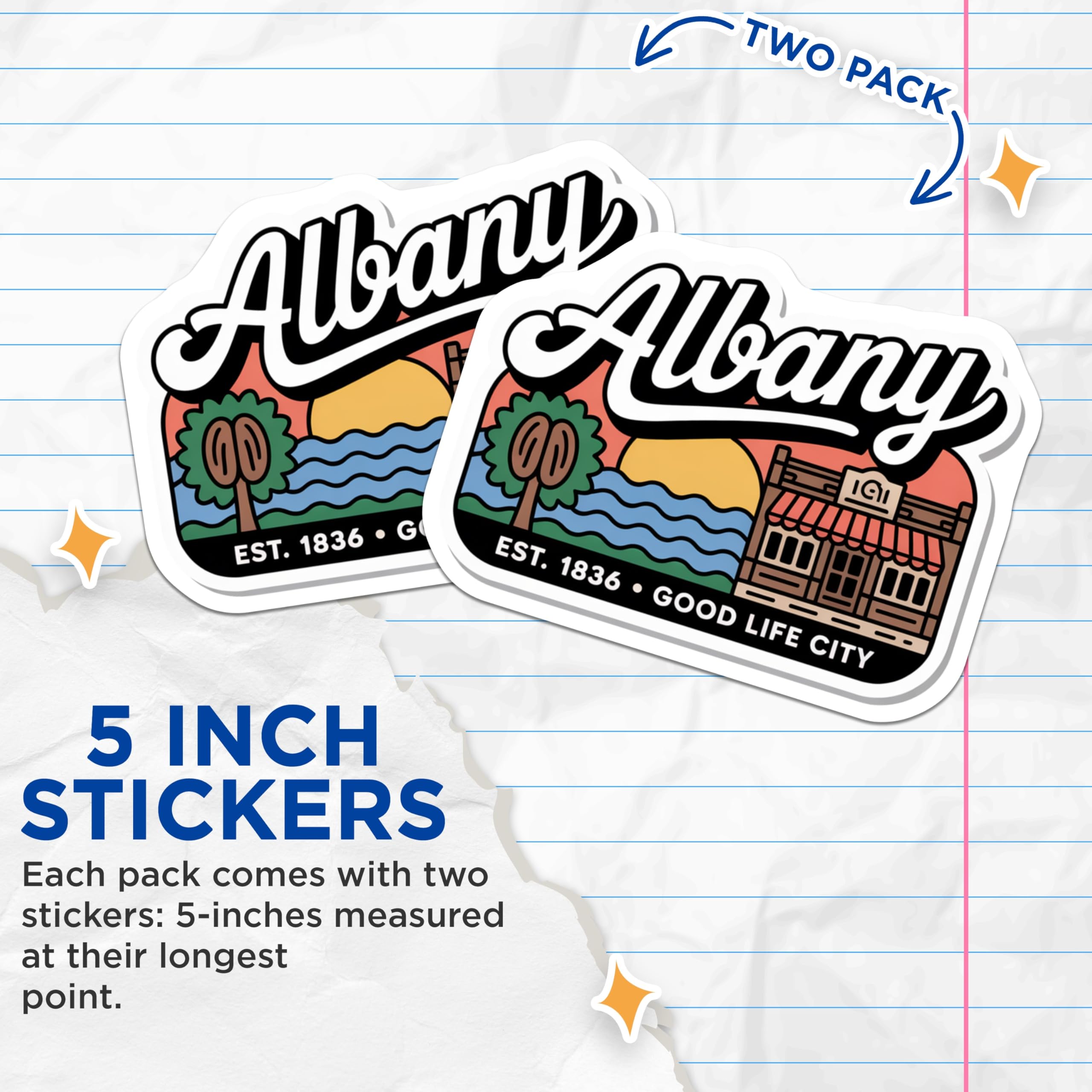 (2 Pack) Albany Stickers - Good Life City - Albany Oregon USA - 5" On Longest Side - Sticks to Smooth Flat Surfaces - Made in USA - BMCS17546