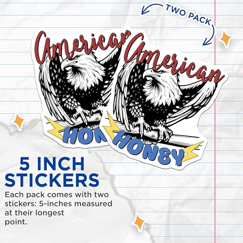 (2 Pack) American Honey Stickers - Eagle Artwork - Patriotic Decor - 5" On Longest Side - Sticks to Smooth Flat Surfaces - Made in USA - BMCS7412