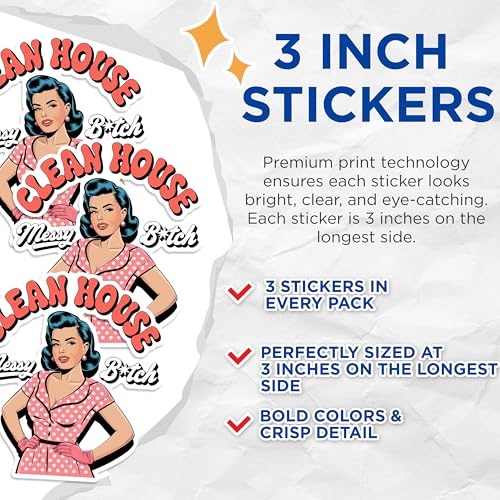 (3 Pack) Clean House Messy Decals - Retro Woman Sticker - Sarcastic Humor Decal - 3 Inches On Longest Side - Easy Peel & Apply - Made in USA - 3MCS1730