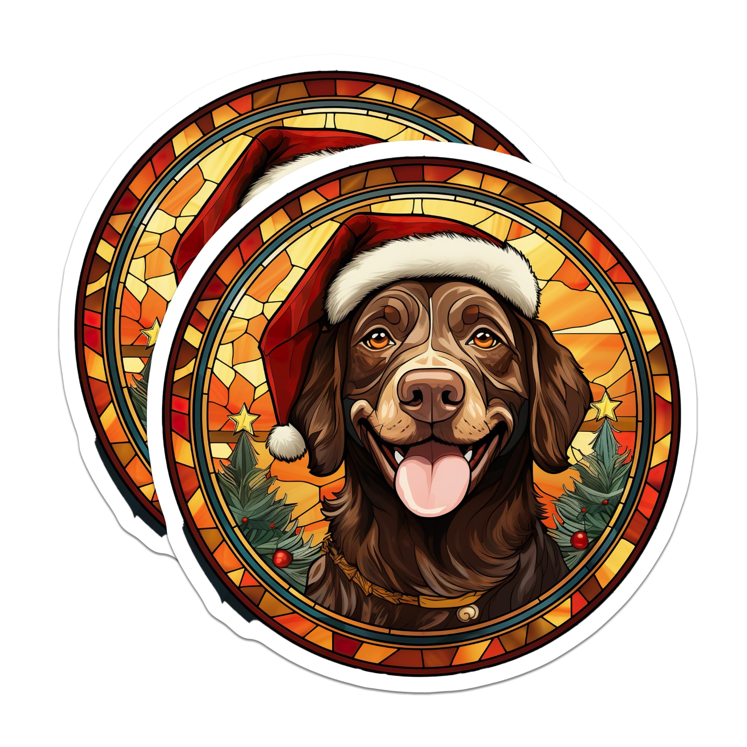 (2 Pack) Stained Glass Christmas Dog Magnets - Festive Santa Hat Canine Art - Holiday Refrigerator Home Decoration - 5 Inches On Longest Side - Thick Durable Magnet - Made in USA - MAG24145