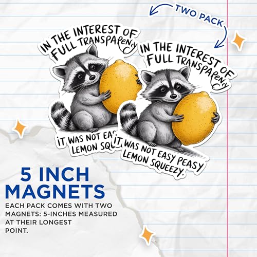 (2 Pack) Funny Raccoon Holding Lemon Magnets - Humor Kitchen Decor Magnets - Cute Animal Refrigerator Magnets- 5" On Longest Side - for Fridges, Toolboxes, Cars - Made in USA - MAG3013