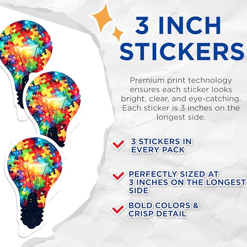 (3 Pack) Autism Awareness Decals - Puzzle Piece Lightbulb - Neurodiversity Support Decal - 3 Inches On Longest Side - Easy Peel & Apply - Made in USA - 3MCS6660