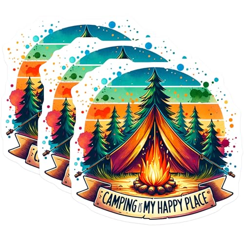 (3 Pack) Camping Happy Place Decals - Outdoor Adventure - Bonfire Tent Stickers- 3 Inches On Longest Side - Easy Peel & Apply - Made in USA - 3MCS5370