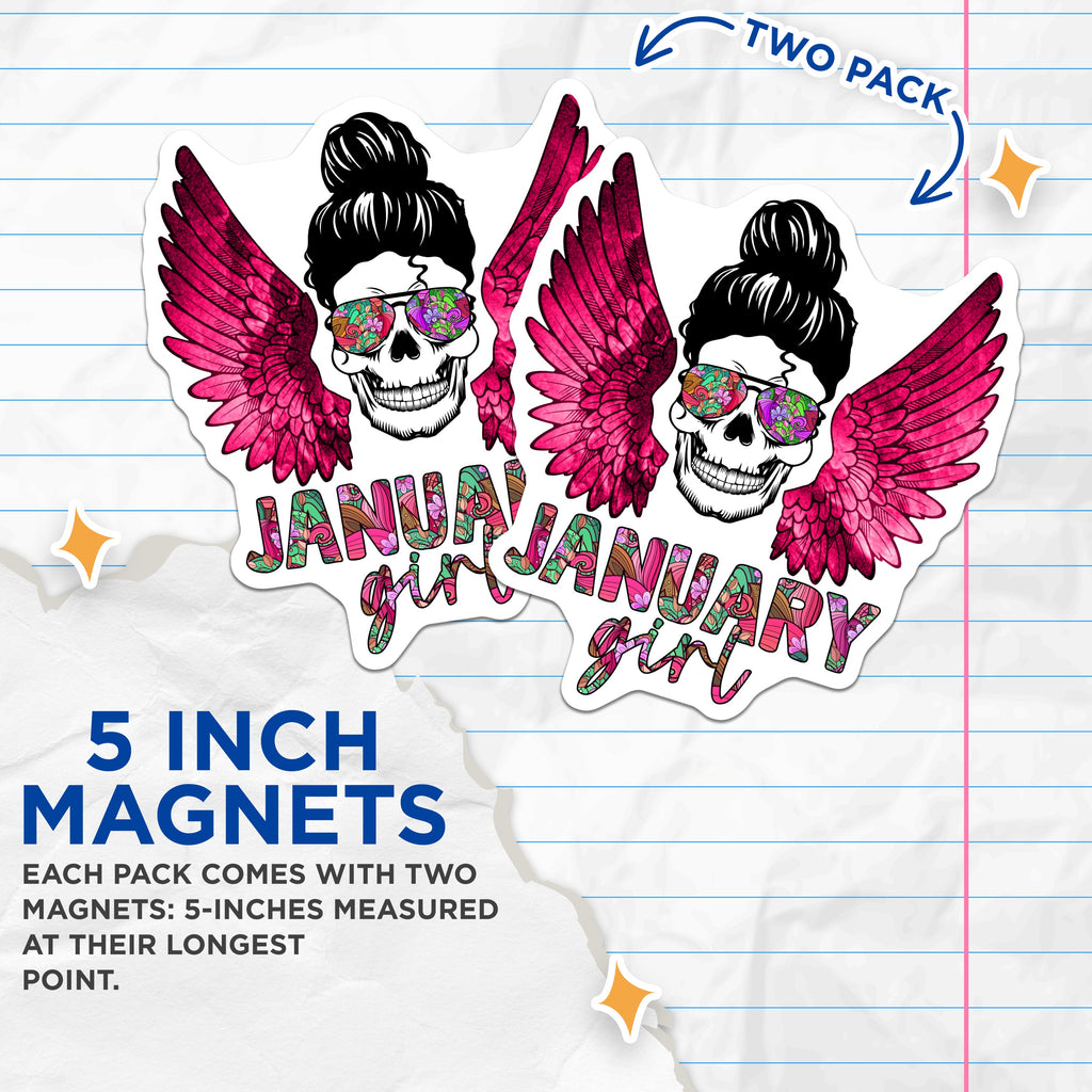 (2 Pack) January Birthday Magnets - Messy Bun Skull Art - Pink Wings Floral Design - Sassy Girl - 5 Inches On Longest Side - Thick Durable Magnet - Made in USA - MAG36660