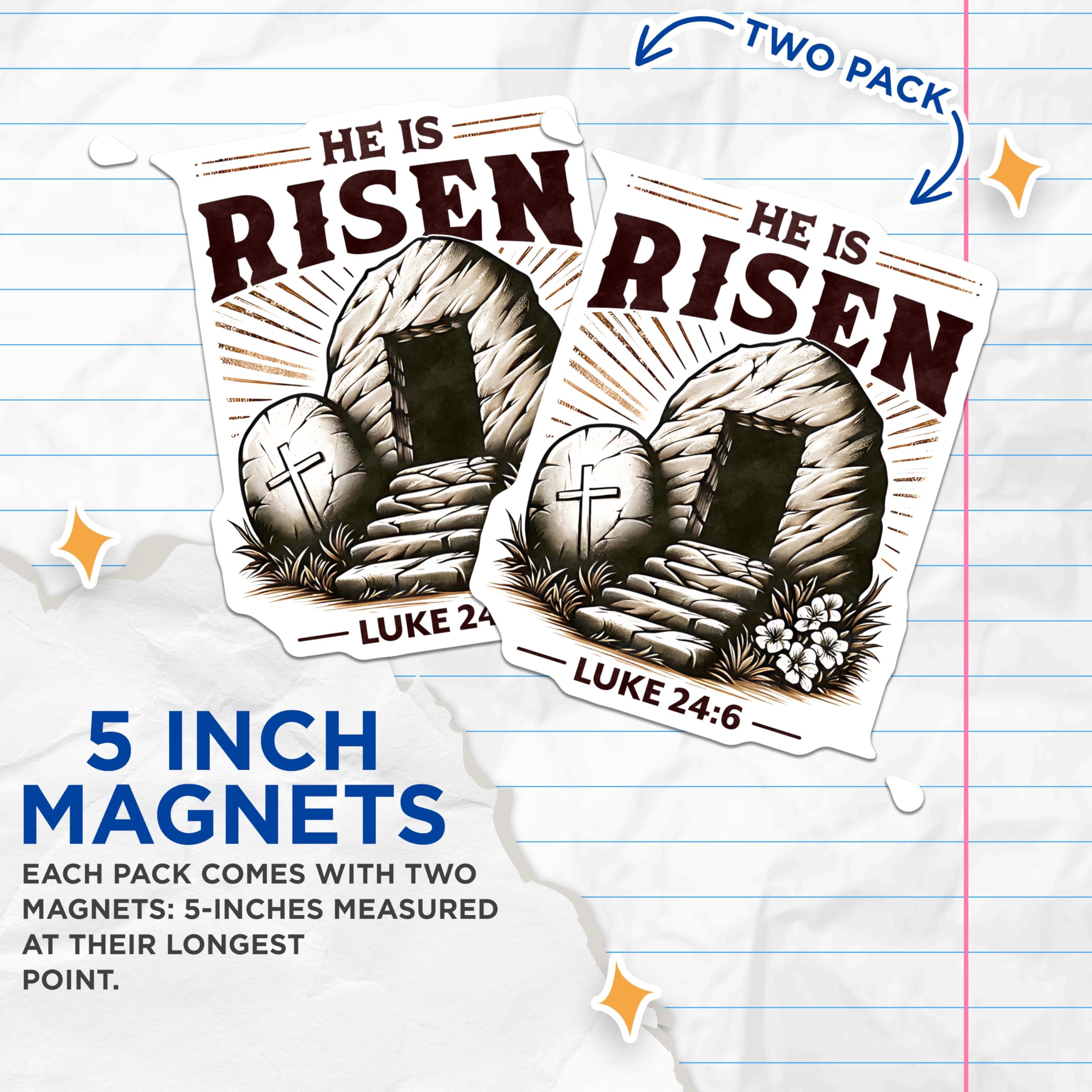 (2 Pack) He is Risen Magnets - Christian Easter Decor - Religious Faith Magnets - Empty Tomb Scripture - Luke 24:6-5 Inches On Longest Side - Thick Durable Magnet - Made in USA - MAG25281