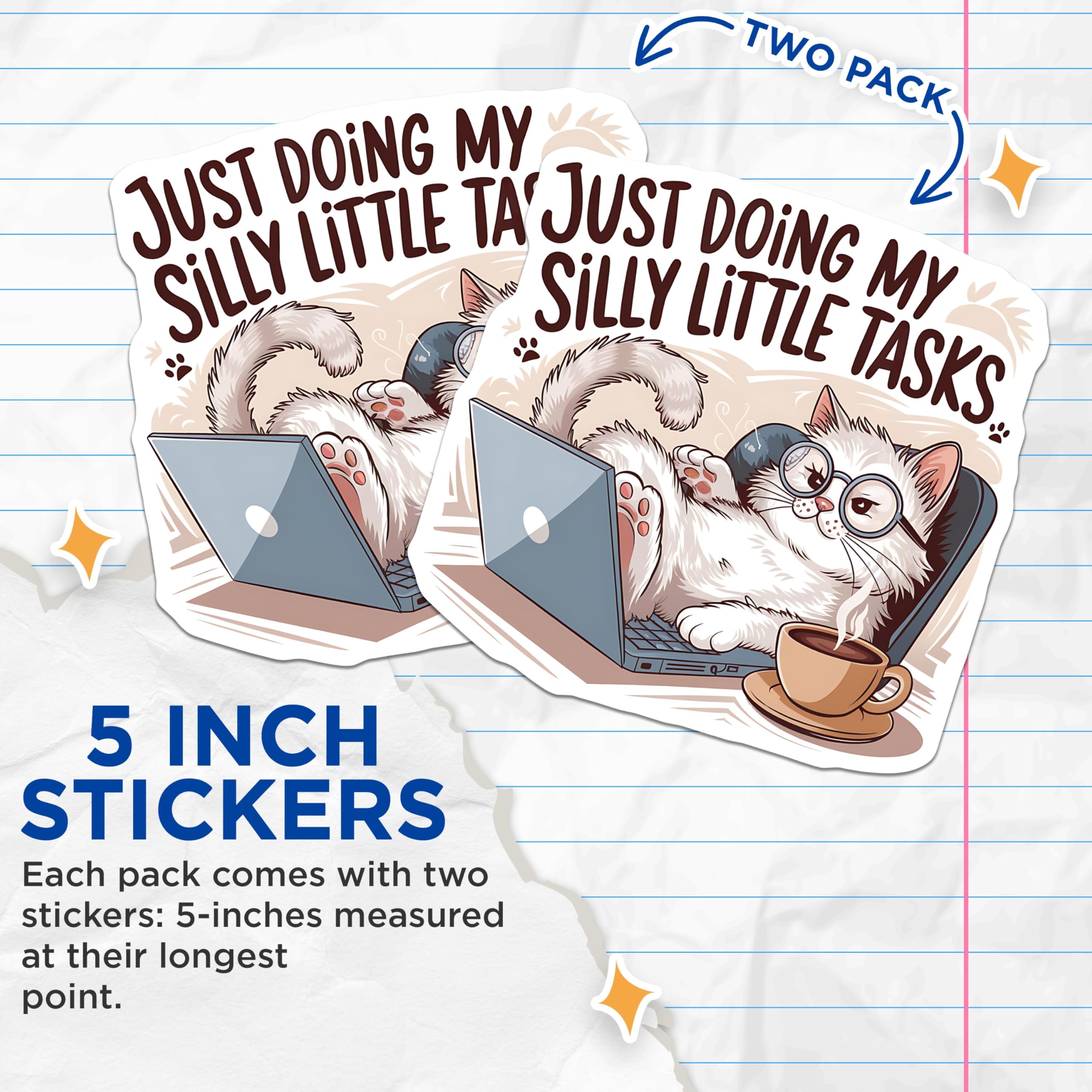 (2 Pack) Funny Cat Stickers - Cute Animal Stickers - Relaxing Cat Laptop Stickers - 5" On Longest Side - Sticks to Smooth Flat Surfaces - Made in USA - BMCS5119