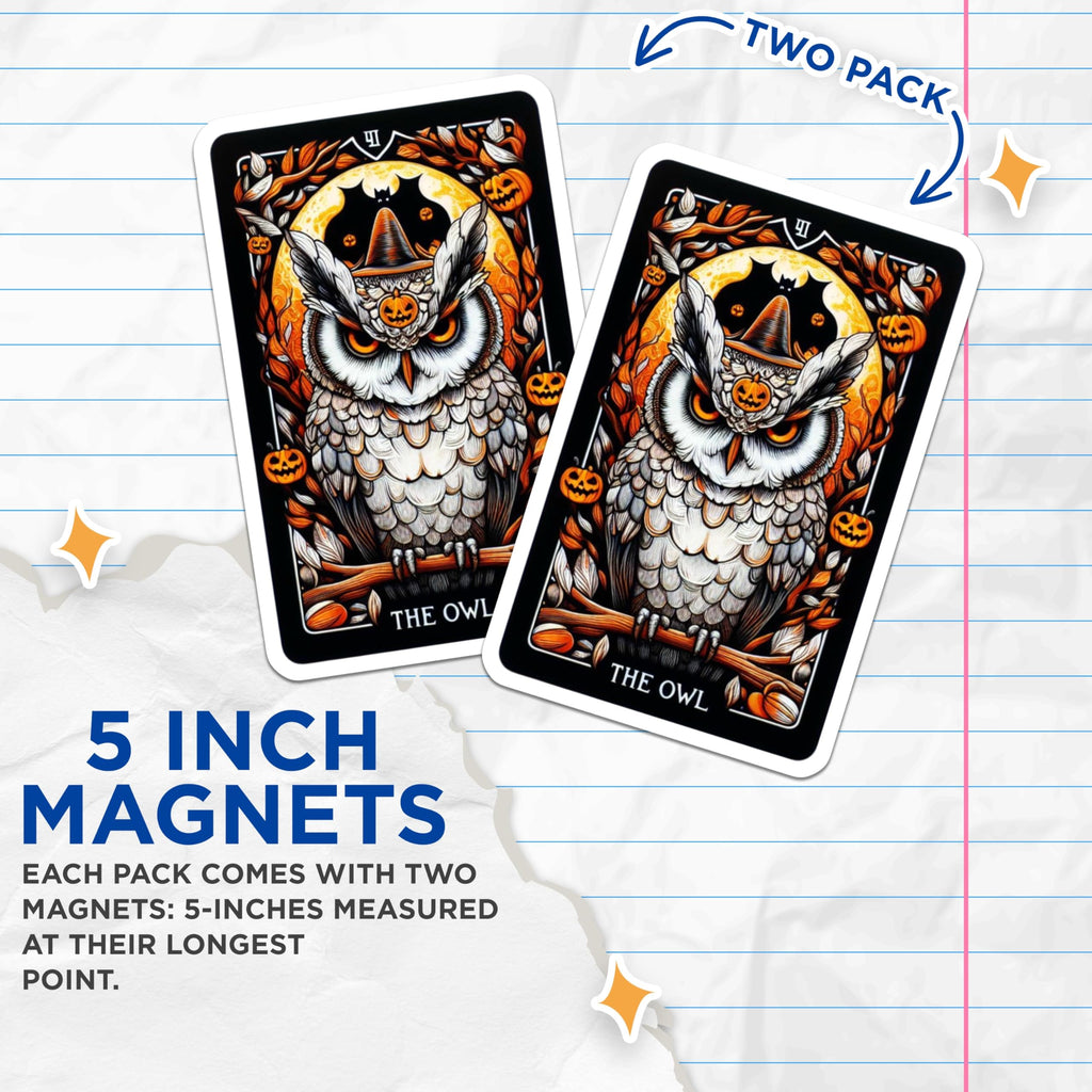 (2 Pack) Halloween Owl Magnets - Witchy Tarot Card Art - Spooky Fall Kitchen Decor - 5 Inches On Longest Side - Thick Durable Magnet - Made in USA - MAG21583