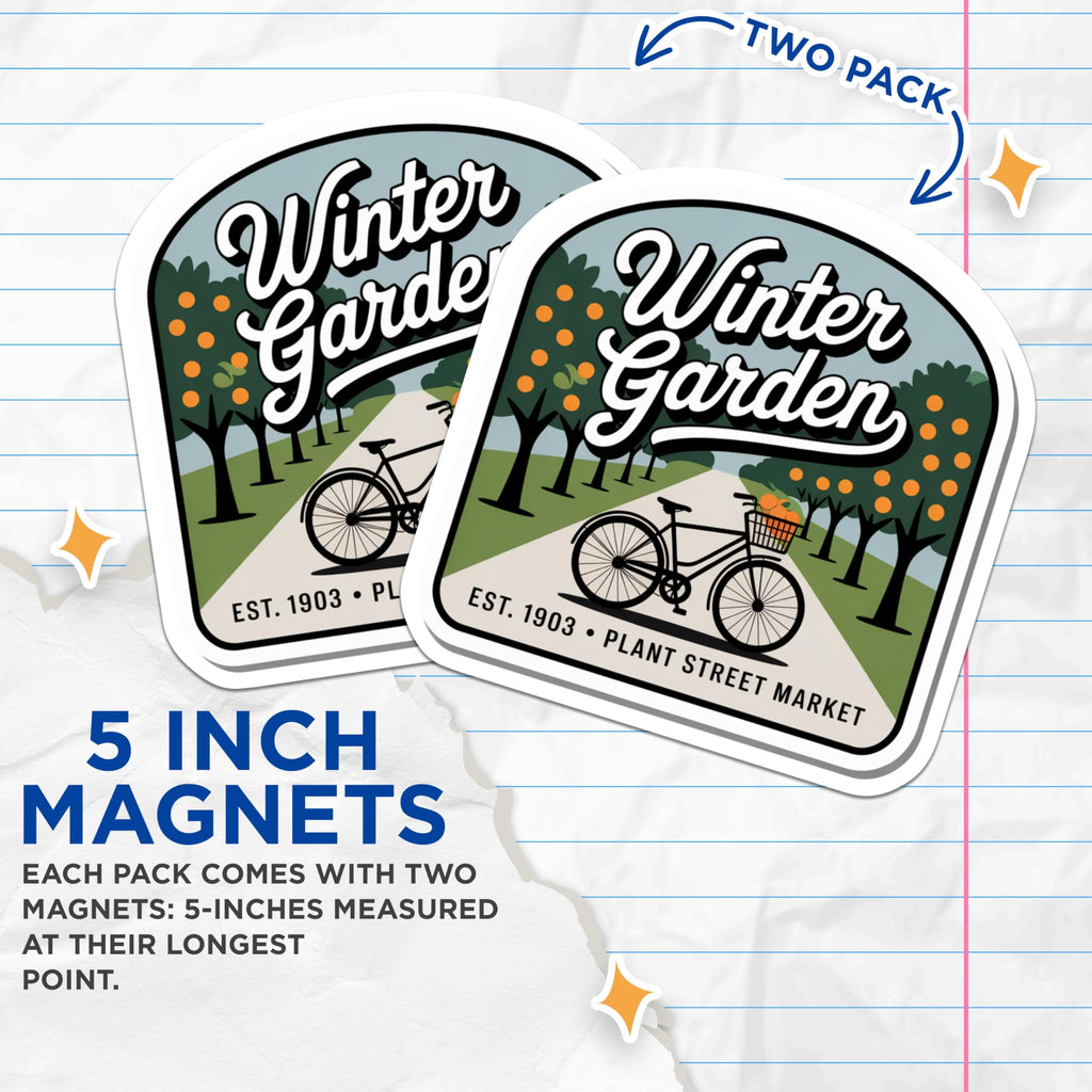 (2 Pack) Winter Garden Magnets - Plant Street Market Souvenir - Bicycle with Oranges Decor - 5" On Longest Side - Premium Magnet - for Cars, Refrigerators, Toolboxes, Lockers - Made in USA - MAG17622